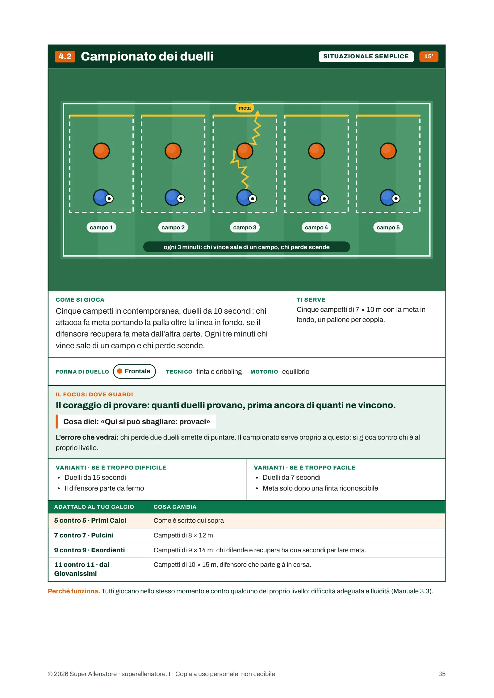 Pagina 35 del Manuale dell'1 contro 1: il campionato dei duelli, col campo disegnato, cosa guardare, le varianti e cosa cambia per categoria
