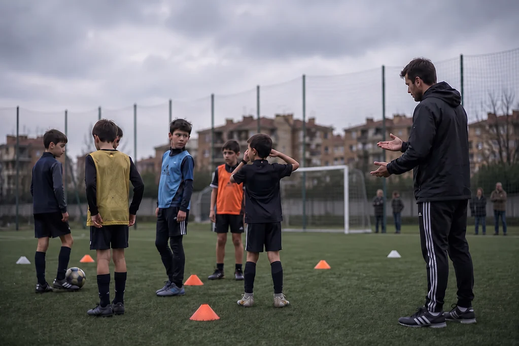 Ragazzi fermi in campo che aspettano mentre l’allenatore decide cosa fargli fare, e in fondo i genitori che guardano